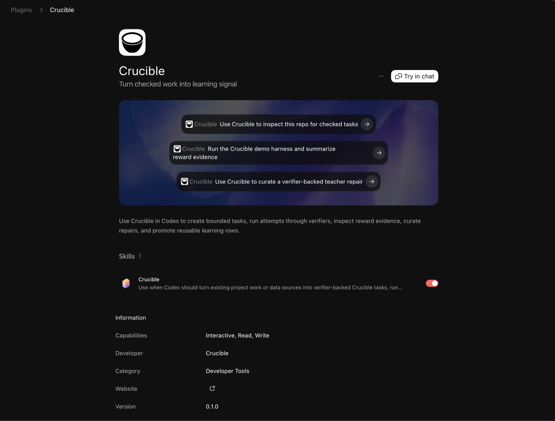 Crucible installed in the Codex plugin marketplace.